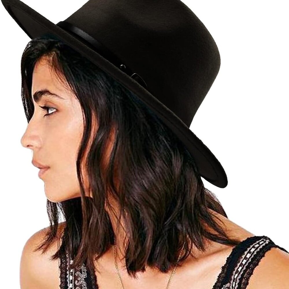 Women Classic Felt Fedora Wide Brim Floppy with Belt Buckle Panama Hat